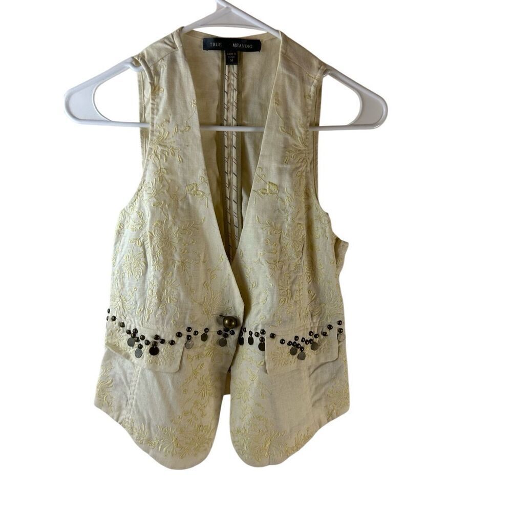 True Meaning Linen M Vest Studs Cream Gray